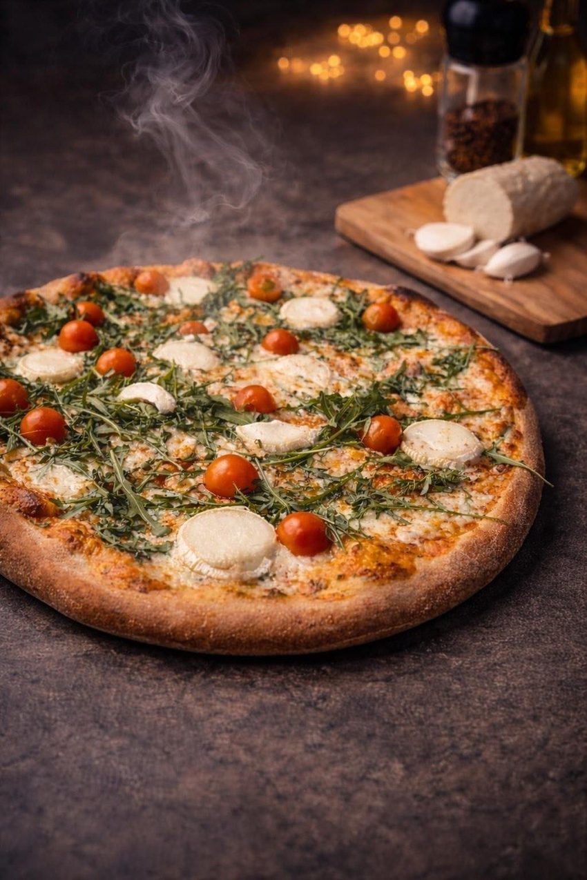 Pizza artesanal con rúcula, tomate cherry y queso de cabra